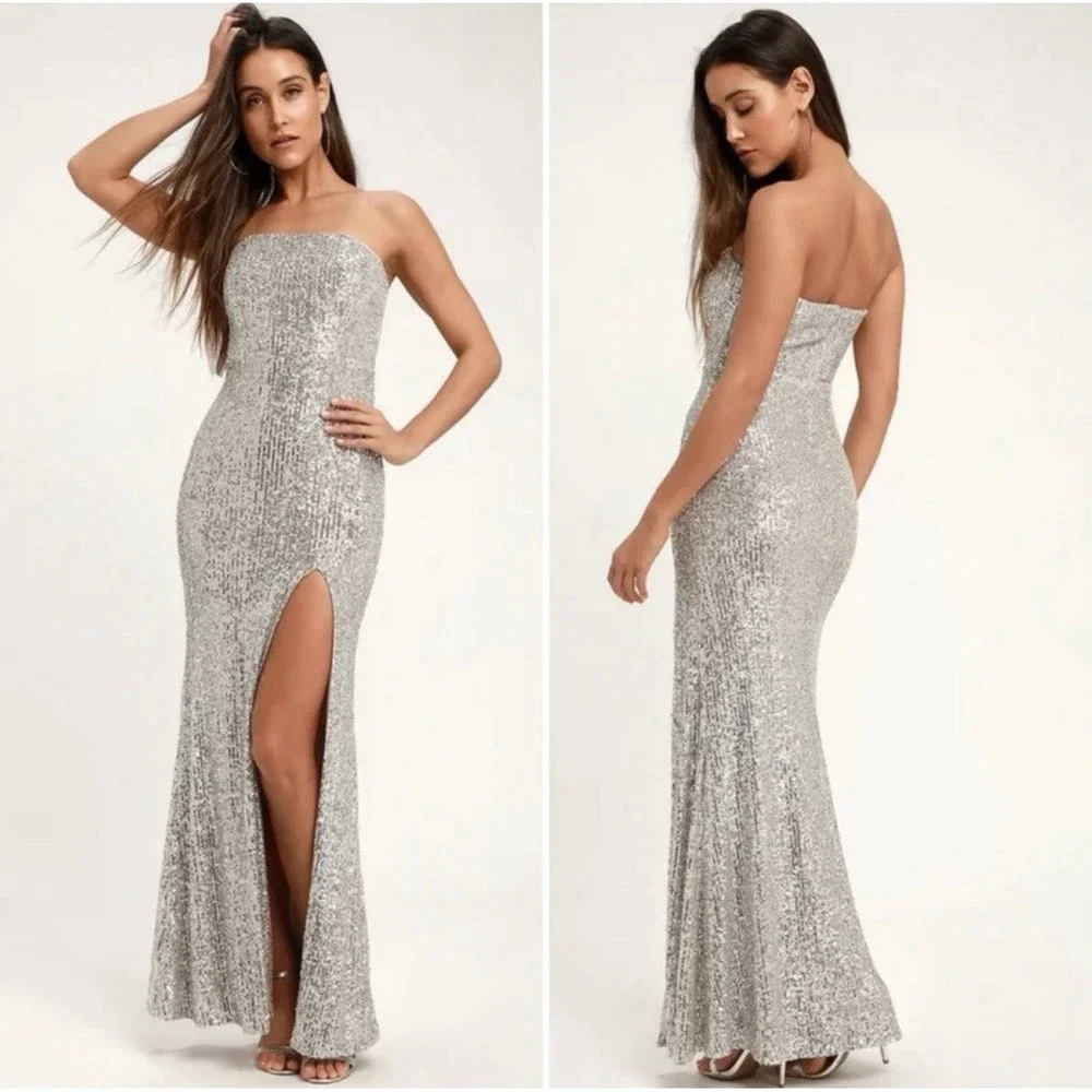 Lulus Silver Strapless Sequin Maxi Dress Medium Sexy evening formal gown - Picture 1 of 9